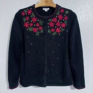 Vintage Hampshire Studio Floral Beaded Cardigan Black Red Embroidered Sweater M